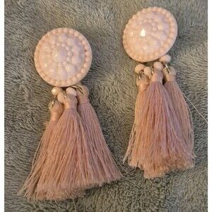 Vtg Pierced Earrings White Acrylic Flower 3 Pink Tassels Dangle 3.5"